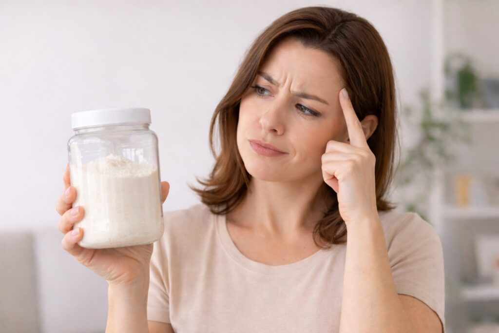 mulher segurando pote de colágeno com expressão de dúvida se colágeno engorda