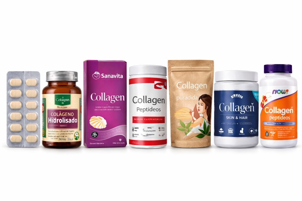 Sete embalagens de suplementos ilustrando opções de melhor colágeno hidrolisado.