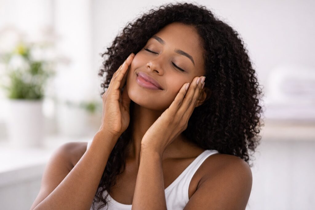 Mulher com pele firme tocando o rosto, ilustrando se colágeno para pele funciona.